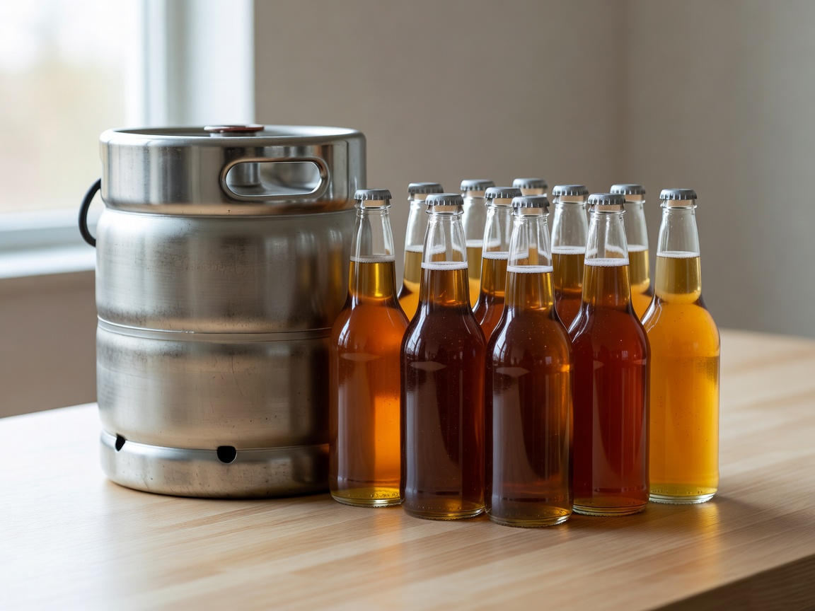 A stainless steel corny keg next to glass beer bottles