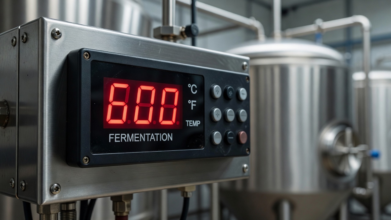 Digital temperature controller displaying fermentation temp