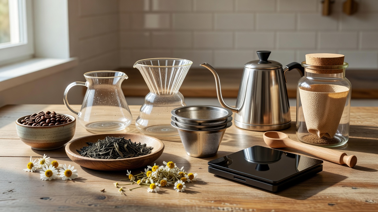 Extract brewing components laid out on a kitchen counter
