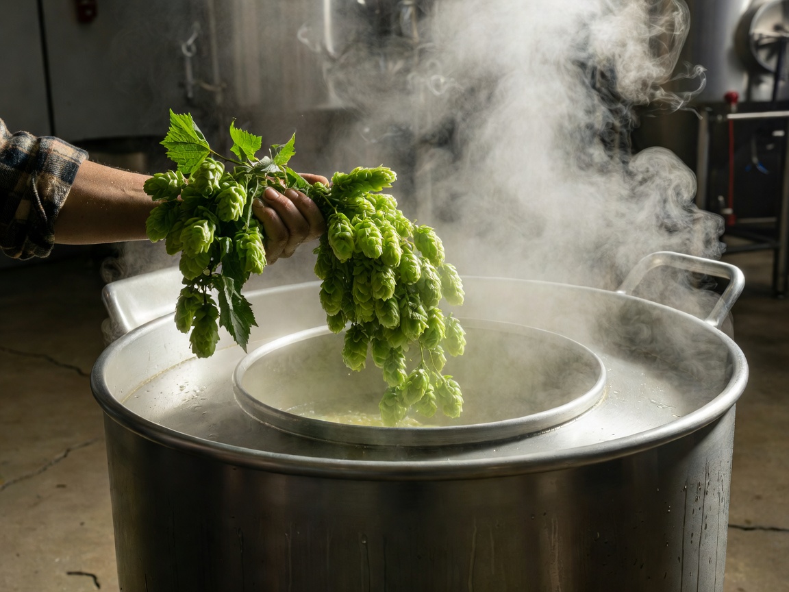 Fresh green hops ready to be added to a boiling kettle