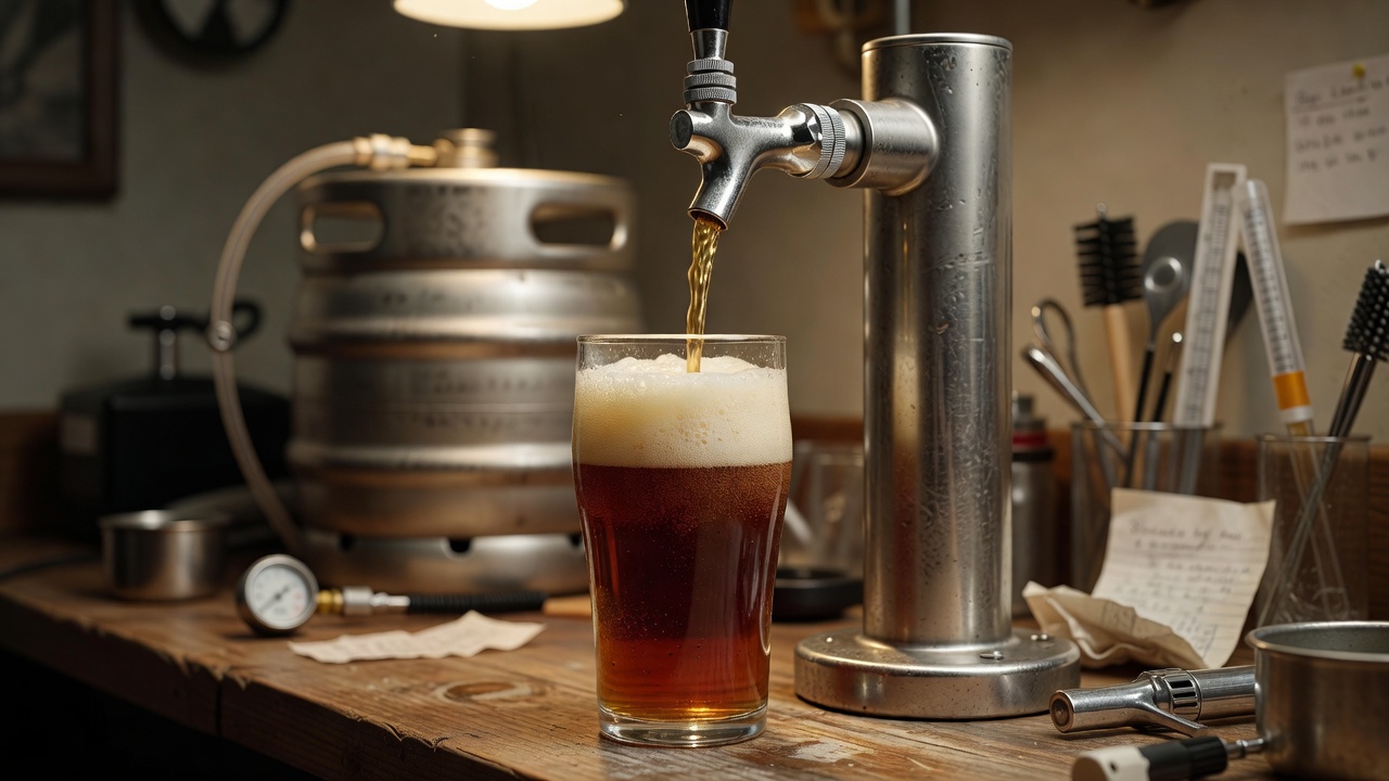 Home brew being dispensed from a keg tap into a glass