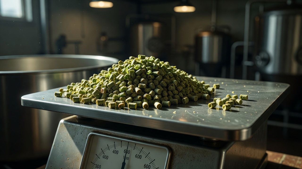 Pelletized hops resting on a brewer's scale