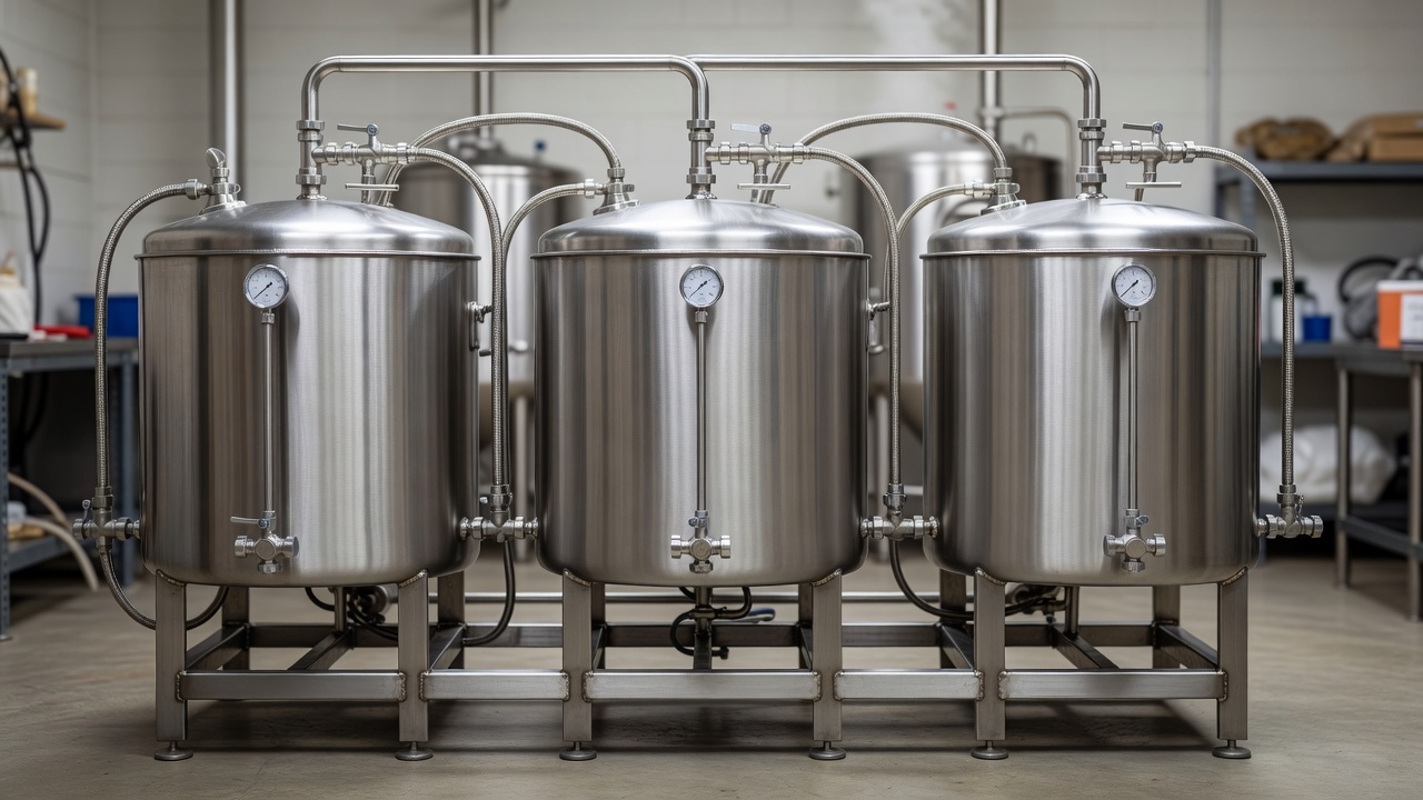 Three vessel stainless steel all grain brewing system